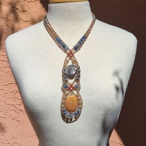 Chico's Blue, Peach & Gold Beaded Statement Pendant Necklace